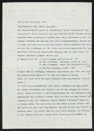 Brief von Carl F. W. Behl an Gerhart Hauptmann
