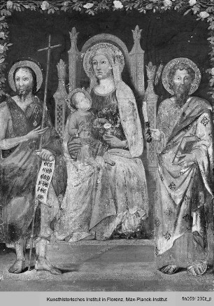 Thronende Madonna mit Kind, dem Heiligen Johannes dem Täufer und dem Heiligen Bartholomäus - Madonna della Rosa