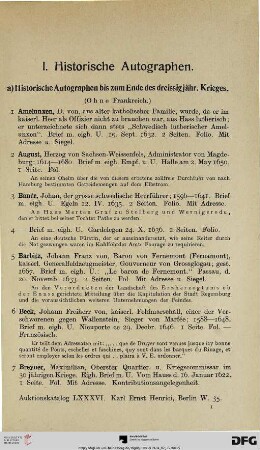 I. Historische Autographen (Nr. 1-532)