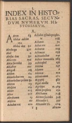 I. Index In Historias Sacras, Secundum Numerum Historiarum.