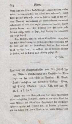 664-684 [Rezension] Ritter, Joseph Ignaz, Handbuch der Kirchengeschichte