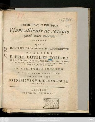 Exercitatio Ivridica Vsvm actionis de recepto quoad mores hodiernos Exhibens