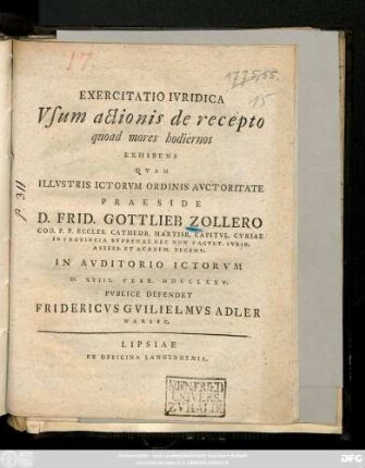 Exercitatio Ivridica Vsvm actionis de recepto quoad mores hodiernos Exhibens