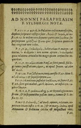 Ad Nonni Paraphrasin F. Sylburgii Notæ.