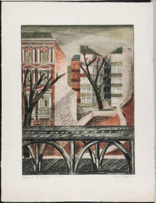 Druck des Künstlers Erhard Groß, Titel: Häuser an der Hochbahn Ed. 7/25, 1963