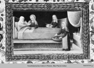 Breviarium Romanum, mit Kalendarium : Textseite mit im Bordürenstab eingeschlossener Miniatur, darin der Krankenbesuch der Heiligen Elisabeth