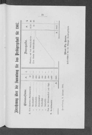 Abrechnung über die Sammlung für das Predigergehalt für 1907.