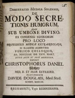 Dissertatio Medica Solennis De Modo Secretionis Humorum