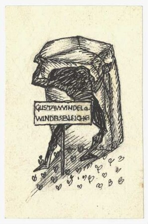 Exlibrisstudie für Gustav Windel : Stilisierte Person einen Felsbrocken weg schiebend, vor der Szene ein Schild mit Namenszug Gustav Windel a. Windelsbleiche