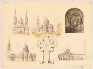 Nazarethkirche (1835), Berlin-Wedding Projekt I (Umbau): Grundriss, Ansichten, Schnitt, perspektivische Innenansicht