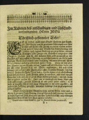Im Nahmen des unschuldigen und Unschuldvertheidigenden Herren Jesu. [u. a.]
