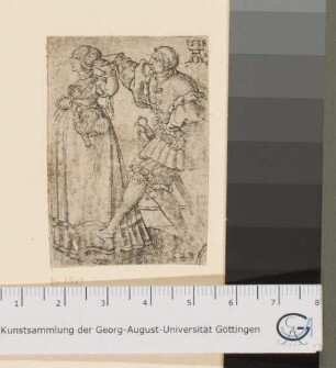 Tanzendes Paar in Seitenansicht; der Mann in lebhafter Bewegung