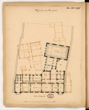 Landratsamt (Kreishaus), Prenzlau Monatskonkurrenz Mai 1883: Grundriss 1. Obergeschoss; Maßstabsleiste