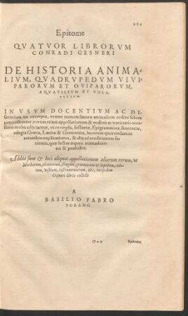 Epitome Quatuor Librorum Conradi Gesneri De Historia Animalium, Quadrupedum Viviparorum Et Oviparoroum, Aquatilium Et Volatilium ...