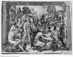 Szenen aus der Vita von Papst Paul III., Der Friedensschluß zwischen Karl V. und Franz I. vor Papst Paul III. flankiert von den Personifikationen der Concordia und der Charitas