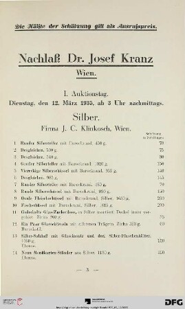 I. Auktionstag: Dienstag, den 12. März 1935, ab 3 Uhr nachmittags (Nr. 1-160)