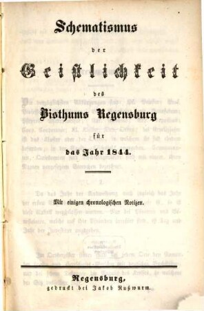 Schematismus des Bistums Regensburg. 1844, 1844