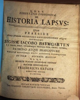 Dissertatio Theologica De Historia Lapsvs