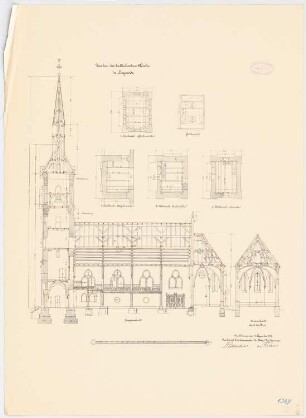 Katholische Kirche, Heyerode: Längsschnitt 1:100; Turmgrundrisse 1:100