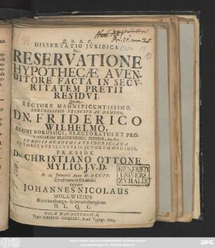 Dissertatio Jvridica De Reservatione Hypothecæ A Venditore Facta In Secvritatem Pretii Residvi