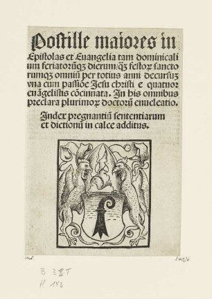 Wappen von Basel, Titelblatt aus: "Postille maiores Epistolas et Evangelia", Basel 1512