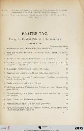 Erster Tag: Freitag, den 16. April 1937, ab 3 Uhr nachmittags (Nr. 1-160)