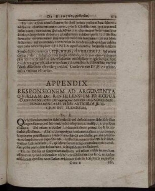 Appendix Responsionem Ad Argumenta Quaedam Dn. Rintelensium Praecipua Continens ...