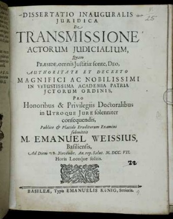 Dissertatio Inauguralis Juridica De Transmissione Actorum Judicialium