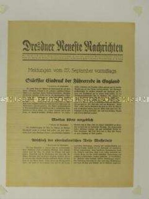Nachrichtenblatt der "Dresdner Neueste Nachrichten" u.a. zur Reaktion in Großbritannien auf die Rede Hitlers