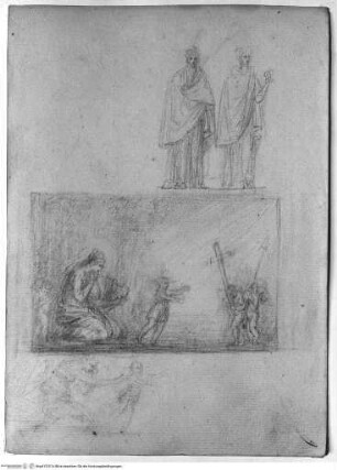 Skizzenbuch, Oben: zwei stehende Frauen mit weitem Gewand; Mitte: Engel zeigen dem Jesuskind die Leidenswerkzeuge; unten: Maria mit Jesuskind (Variante zu der oberen Zeichnung)