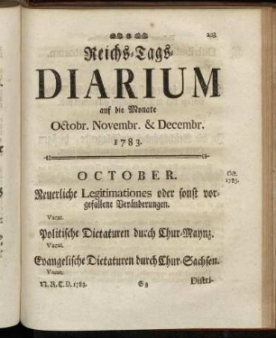 Reichs-Tags-Diarium auf die Monate Octobr. Novembr. & Decembr. 1783.