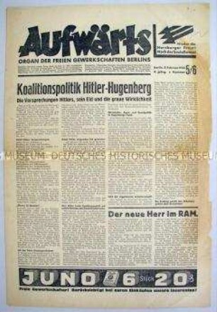 Gewerkschaftszeitung "Aufwärts" zur Haltung der Hitler-Regierung gegenüber den Gewerkschaften