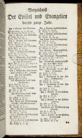 Verzeichniß Der Epistel und Evangelien durchs ganze Jahr.