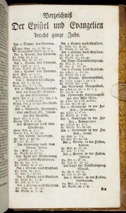 Verzeichniß Der Epistel und Evangelien durchs ganze Jahr.