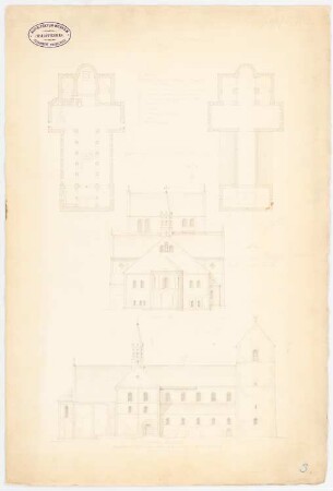 Kirche, Petersberg: 2 Grundrisse, Seitenansicht, Choransicht