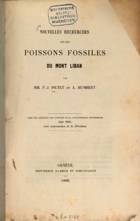 Nouvelles recherches sur les poissons fossiles du Mont Liban par F.-J. Pictet et A. Humbert