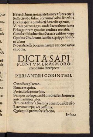 Bvir-Ciiir, Dicta Sa[pi]pientum erasmo roterodamo interprete Periandri corinthii. - Puer Mazonomos.