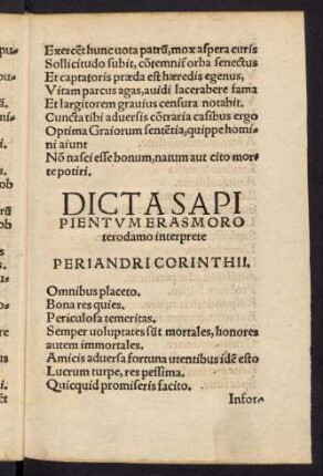 Bvir-Ciiir, Dicta Sa[pi]pientum erasmo roterodamo interprete Periandri corinthii. - Puer Mazonomos.