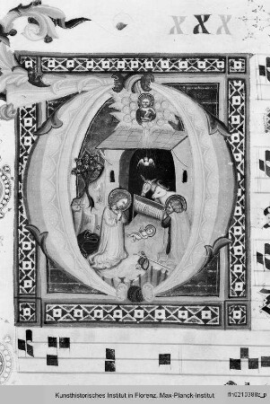 Graduale : Textseite mit vierzeiligen Neumen und historisierter Initiale D: Geburt Christi