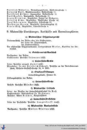 B. Akademische Einrichtungen, Ausschüsse und Verwaltungsämter