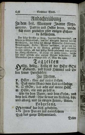 Andachtsübung Zu dem heil Martyrer Joanne Nepomuceno, Patron und Helfer deren, welche sich einer zeitlichen oder ewigen Schande befürchten. - Litaney von allen Heiligen Gottes.