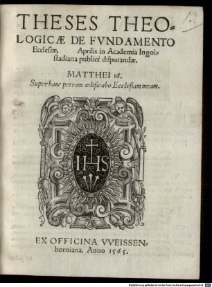 Theses Theologicae De Fvndamento Ecclesiae