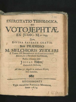 Exercitatio Theologica, De Voto Jephtae Ex Iudic. X. 30 seqq.