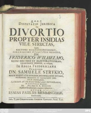 Disputatio Juridica De Divortio Propter Insidias Vitæ Structas