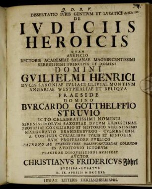 Dissertatio Ivris Gentivm Et Lvsatici De Ivdiciis Heroicis