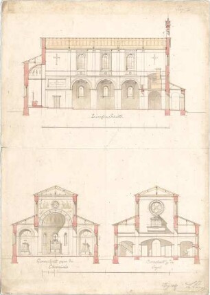 Lange, Ludwig; Haidlfing; Kirche - Längsschnitt; Chornische u. Orgel (Querschnitte)