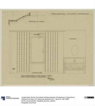 Darmstadt, Dreihäusergruppe, Predigerhaus, Erdgeschoss, Wohnzimmer, Raum 30, Aufriss der Südwand und Grundriss des Erkers
