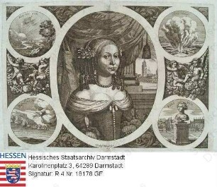 Marie Elisabeth Landgräfin v. Hessen-Darmstadt geb. v. Holstein-Gottorp (1634-1665) / Porträt in Oval, vor Stadtkulisse Darmstadt stehend, umgeben von bildlichen Darstellungen von Sinnsprüchen in 4 Kreisen