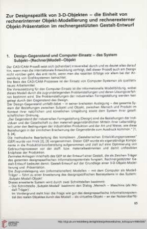 Zur Designspezifik von 3-D-Objekten - die Einheit von rechnerinterner Objekt-Modellierung und rechnerexterner Objekt-Präsentation im rechnergestützten Gestalt-Entwurf