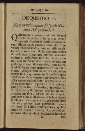 Disquisitio II. Num matrimonium sit Juris Naturæ, & quomodo?